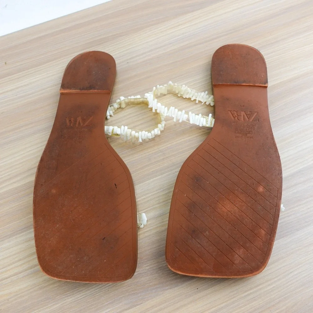 ZARA Coastal Boho Beaded Flat Sandals Womens 10.5 White Strappy Beach Slides - Picture 8 of 9